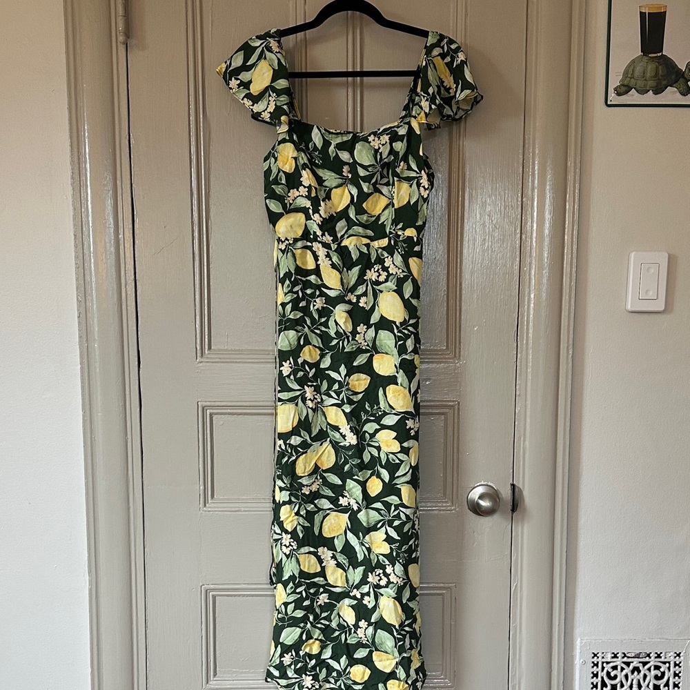 NWT Midi Floral Green and Yellow Lemon Dress